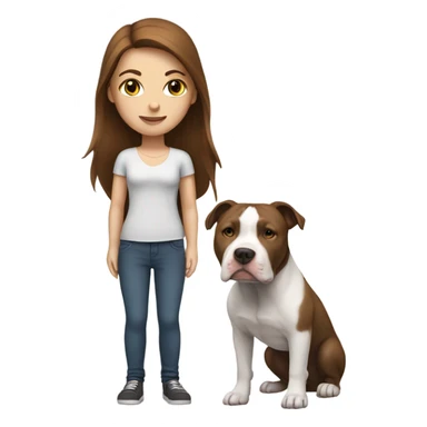 white woman with straight long brown hair standing alongside a white pitbull sticker