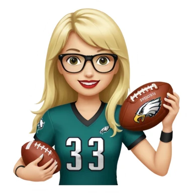full length women wearing eagles uniform, long blonde hair, even bangs, black glasses, holding football, number 33, smiling, lipstick sticker