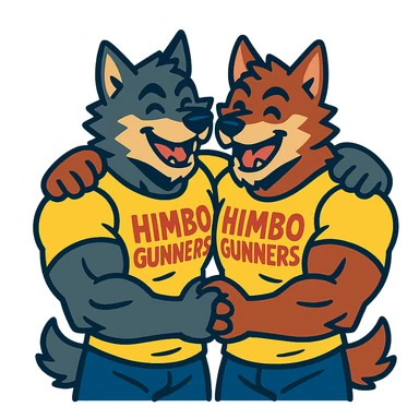 pair of muscular wolf furries wearing 'Himbo gunners' t-shirts, hugging, cheerful and energetic vibe sticker
