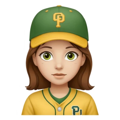 girl with brown hair and green eyes wearing brown and yellow padres gear sticker