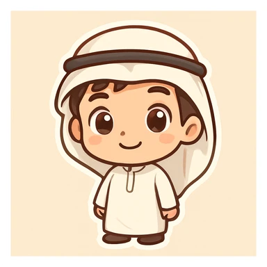 cute cartoon boy wearing a traditional Arab head covering, simple background, big eyes, friendly expression, chibi style sticker