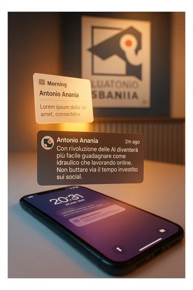 A photo of an iPhone with the message "Antonio Anania" on its screen, hovering over it is another document floating in mid-air, both surrounded by soft light and shadow. The phone sits atop a desk with a blurred background that suggests work environment. A faint glow from above casts gentle shadows across the surface of each object, creating depth and highlighting their textures. sticker