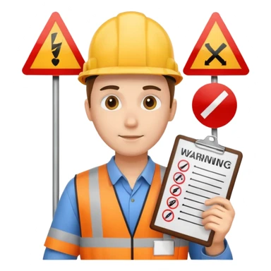 an engineer with a checklist and warning signs sticker