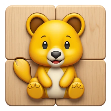A wooden puzzle animal character with interlocking pieces and a happy expression sticker