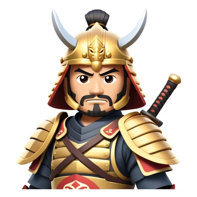 clash-of-clans-aesthetic_-cinematic-fearsome-and-majestic-samurai-bust-portrait-emoji, rendered in a flat, vector-style with minimal shading and bold, simplified shapes typical of emoji art, depicting a battle-hardened samurai with steely eyes and traditional Japanese armor, riding a noble warhorse adorned with an intricately designed saddle and fluttering banners, against a backdrop of cherry blossoms and a rising sun. sticker