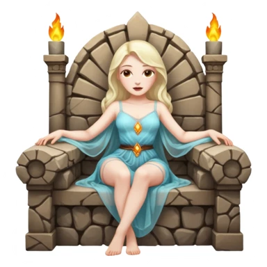 Woman reclining on a stone throne, sheer fabric, torchlight, dangerous sticker