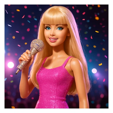 Pretty and girly Blonde pop star with bangs, holding a bedazzled microphone, reimagined as a Barbie doll, with a nighttime concert backdrop with colorful confetti sticker