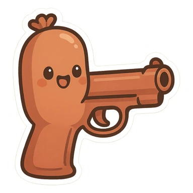 a sausage with pistol features, cute and silly, playful cartoon style sticker