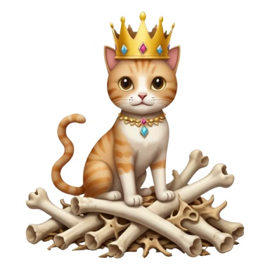 a cat with a crown, standing on a pile of bones, symbolizing triumph over death sticker