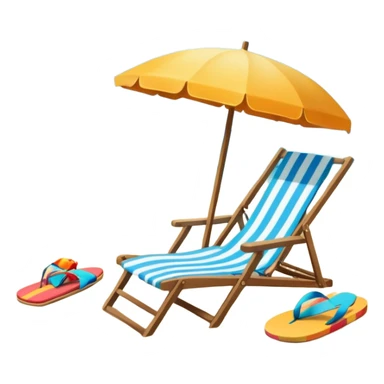 Icon for Beach Tourism: a sunny beach with the sea and waves, a lounge chair, a sun umbrella, and flip-flops on the sandy shore. The background should be a clear, vibrant ocean view with the sun shining brightly. Transparent background. sticker