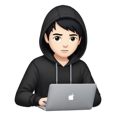 hackeur blanc cheveux noir et capuche noir avec un macbook sticker