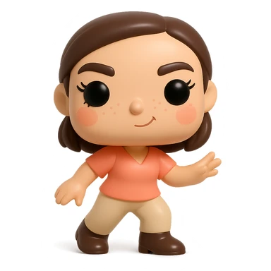 Create a Funko Pop style vinyl figure inspired by the reference image. The figure should have a peach-colored blouse, beige pants, dark brown Santiago boots, dark brown bob haircut tied back, rosy cheeks, feminine eyelashes, light freckles, and a mischievous expression. The pose should be dynamic. No hat or accessories. Transparent background. sticker