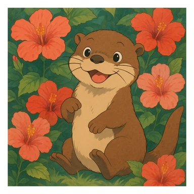 a playful otter surrounded by hibiscus flowers, ghibli style sticker