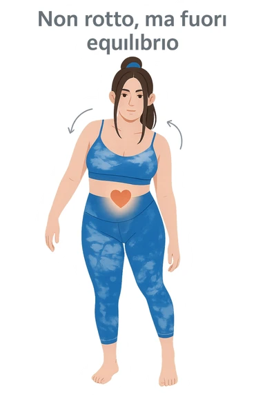 a woman stands in a relaxed pose, with a gentle, confident expression. Her body is shown with subtle, curved lines or arrows indicating areas of imbalance (such as a slight tilt in the shoulders or hips), but no signs of injury or damage. A soft glow or heart symbol at her core emphasizes resilience and the message “Non rotto, ma fuori equilibrio” The background is clean and clinical, with light blue tones. sticker