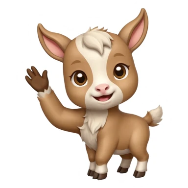 Chibi baby goat with a joyful expression, waving hello with one hoof, simple clean chibi stickers style, designed for a small emote, white background. Make sure that the hoof is not a hand. sticker