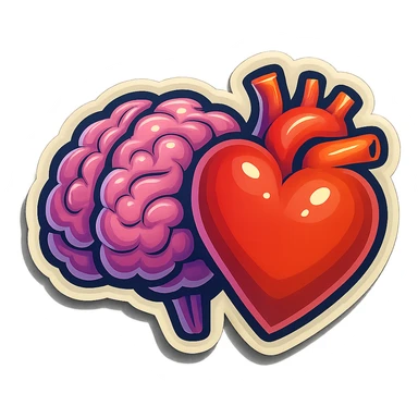 brain and heart together, clear outlines, strong shadows and highlights, psychosomatics and psychology theme, fun and not too complex sticker