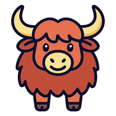 cute cartoon yak icon, rounded shapes, friendly expression, shaggy fur, modern icon style sticker