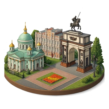 Изометричная, яркая, детализированная и фотореалистичная иллюстрация панорамы города Курска на круглой подставке, Знаменский собор, здание Дворянского собрания, Триумфальная арка в стиле 3D-коллажей городов, чёткие линии, слегка мультяшная стилистика, прозрачный фон, не обрезать края картинки sticker