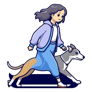 Japanese girl with flowing hair walking a grey greyhound sticker