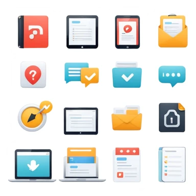 A set of icons representing digital products (infoproducts). The icons should include elements such as an e-book, an online course (play button on a screen), a webinar (video call window), a PDF document, a checklist, a subscription service, and a knowledge base. The design should be modern, minimalist, and visually cohesive, using a clean and professional color palette. sticker