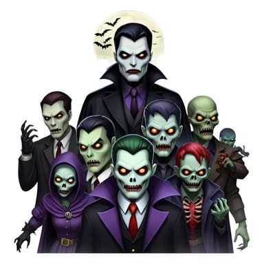 Icon for Thriller Movies: A large, dramatic collage featuring sinister villains and zombies in dark clothing. The background shows the gloomy cityscape of Gotham with dim lighting and eerie shadows. The atmosphere should be tense, mysterious, and suspenseful. Transparent background. sticker