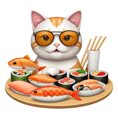 cat wearing sunglasses, looking cocky, eating sushi with more fish around sticker