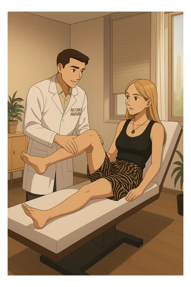 fai un webtoon/manga a colori con questo kinesiologo in camice bianco (fagli la scritta "ANTONIO ANANIA" SUL CAMICE) CHE SVOLGE UN TEST NEUROMUSCOLARE SOLLEVANDO UNA GAMBA ALLA RAGAZZA CHE è STESA SU UN LETTINO BIANCO. STANZA SEMPLICE E MODERNA, DURANTE IL TEST I DUE DIALOGANO TRA LORO. NON FARE I FUMETTI, FAI SOLO LORO COME SE DIALOGASSERO sticker