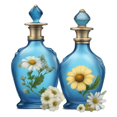 Two blue Antique oil perfume bottles with herbal and flowers sticker
