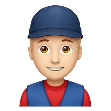 minimalist emoji-style character as a Lowe’s store worker, Apple emoji style, flat vector, front-facing, bright red vest, navy blue cap, rounded features, warm smile, simple eyes, no text, no logos, clean background sticker