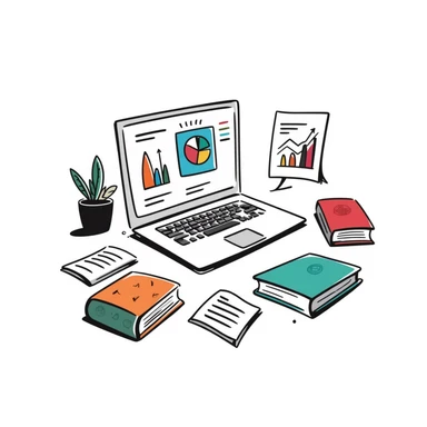 Academic research workspace with an open laptop showing data, scattered books and papers, and a pie chart and line graph. Hand-drawn doodle style with colorful data visualizations and book covers. sticker