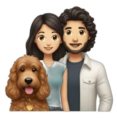 guy with brown hair and asian girl with long black hair holding red goldendoodle sticker