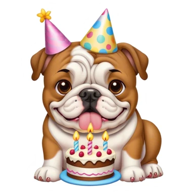 Bulldog with birthday hat and cake sticker