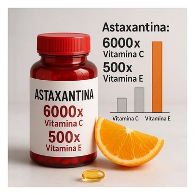 hyper realistic style scientific atmosphere light background, red bottle of astaxanthin, orange slice and golden capsule, bar chart comparing vitamin C and vitamin E, text 'Astaxantina: 6000x Vitamina C, 500x Vitamina E' sticker