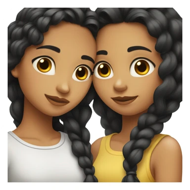 two girl best friends hugging; both black hair long, one curled one straight hair, one paler than the other, both white brown eyes sticker