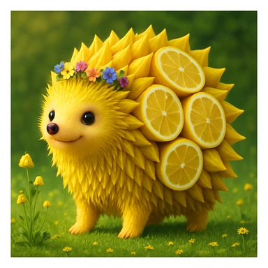Make a subtle but clear change to the original image by adding a small flower crown to the lemon-hedgehog. Keep the quality and style the same as the original. sticker