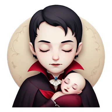 Meme-Worthy Cute Sleeping Vampire Portrait Emoji, with a refined, small, pale face softened by closed, serene eyes and a slight, peaceful smile, adorned in miniature elegant dark attire with a hint of fading crimson, simplified yet irresistibly adorable, highly detailed with a soft ethereal outline that captures the drowsy charm of a vampire in quiet nighttime slumber! sticker