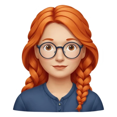 middle-aged woman from Norway, long wavy orange-red hair in one long braid on one side, large round glasses, gentle expression sticker