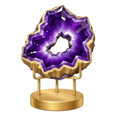 Amethyst cluster geode on a thin metallic gold stand display sticker