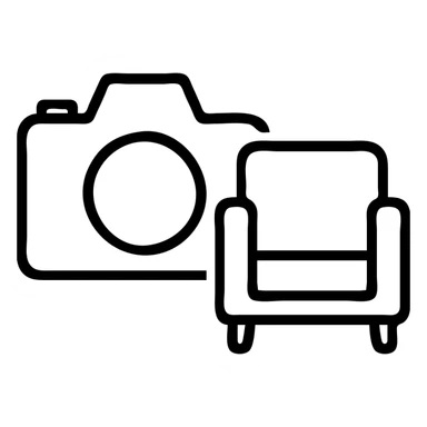 photo camera and furniture, drawn with black lines, minimalist style, no fill sticker