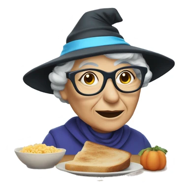 smart granny witch with glasses and blue hat lunching with friends sticker