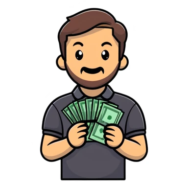 bearded brown-haired man in a polo shirt holding bundles of bills sticker