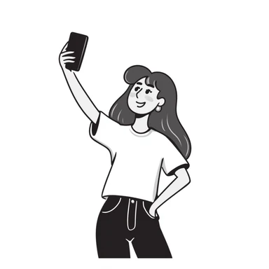 Young woman with long brown hair, casual style, taking a selfie, social media influencer sticker