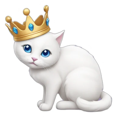 white cat with blue eyes and a crown on its head bites purple heart with its paws sticker