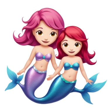 Cute iOS-style emoji of a pastel pink dolphin and a red-haired mermaid, smiling at each other. 
Simple vector emoji design, bold outlines, soft gradients, glossy look, centered, white background. sticker