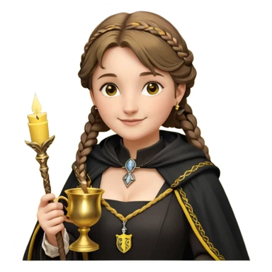 Helga Hufflepuff,the Hogwarts founder of Hufflepuff,brown-haired,2braids,yellow-black medieval dress with black cloak decorated with gold braiding,flickering magic wand and tiny two-handled shiny gold cup engraved with the badger silhouette,very kind smile,curvy busty sweet sticker