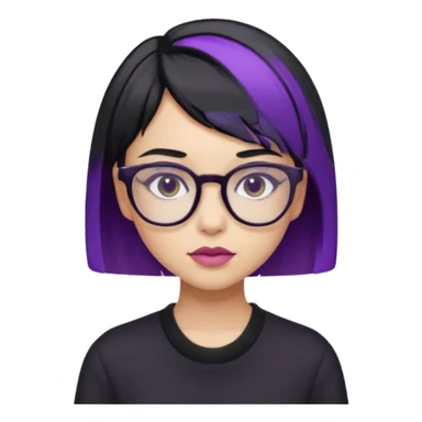 chica bonita con ligero cabello negro con rayas moradas que llega hasta los hombros con lentes cuadrados de estatura pequeña con ropa negra sticker