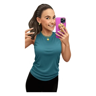 smiling girl takes selfie with jewelry sticker