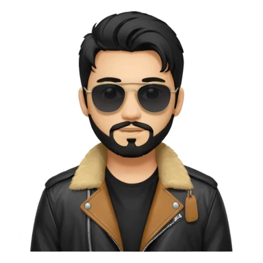 generate an ios genmoji of a 20 year old tan boy with black sunglasses, long black hair till his shoulders. Wearing a leather jacket. Has a dyed blonde beard sticker