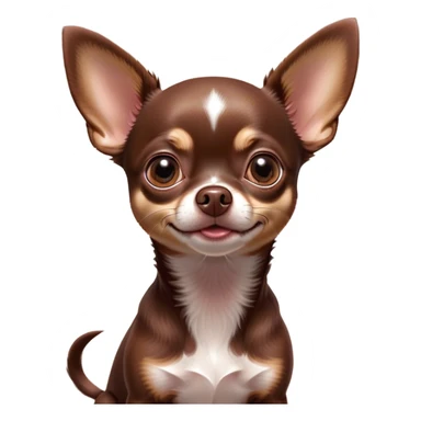 Cinematic Cute Chocolate Short Haired Chihuahua Portrait Emoji, Head tilted playfully and inquisitively, smooth chocolate fur with a lustrous sheen, round, sparkling dark eyes filled with curiosity, Simplified yet irresistibly adorable features, highly detailed, glowing with a warm, friendly glow, high shine, affectionate and lively, stylized with a touch of whimsy, bright and endearing, soft glowing outline, capturing the essence of a mischievous yet loving pup, so playful it feels like it could bound out of the screen and into your arms! sticker