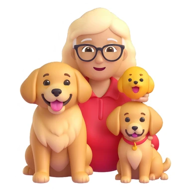 Combine the grandmother emoji and the golden retriever emoji together in one image, keeping both exactly as they are in their original 3D emoji style with a transparent background. sticker